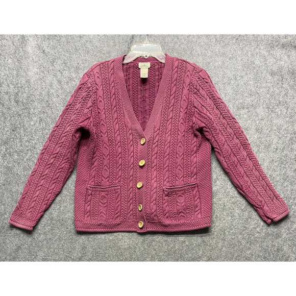 Vintage L.L.Bean Cardigan Sweater Womens Medium Pink Cable Knit Button Pockets - Picture 1 of 13